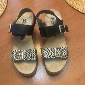 Selling Mephistopheles black open tie sandals with cork wedge heals. Size 40